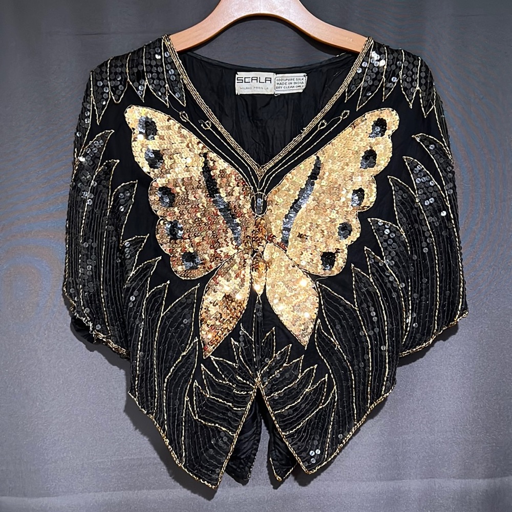 Vintage SCALA original gold butterfly sequin cape top